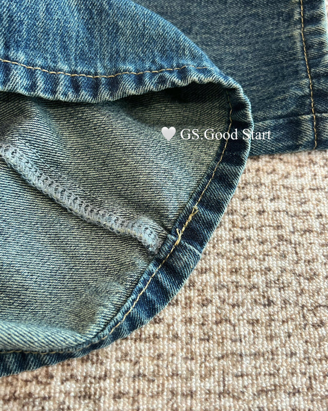 GS.GOOD START Retro Cat-Scratch Wash Straight-Leg Jeans