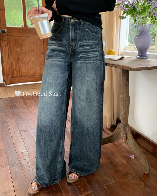 GS.GOOD START Retro Cat-Scratch Wash Straight-Leg Jeans