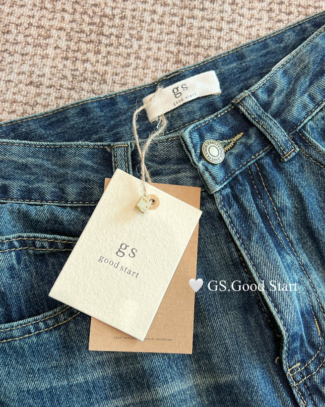 GS.GOOD START Retro Cat-Scratch Wash Straight-Leg Jeans