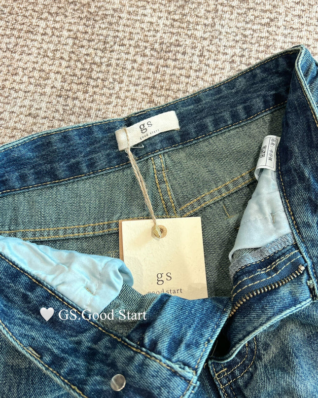 GS.GOOD START Retro Cat-Scratch Wash Straight-Leg Jeans