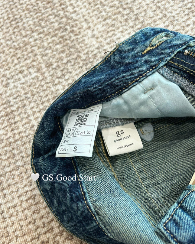 GS.GOOD START Retro Cat-Scratch Wash Straight-Leg Jeans