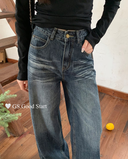 GS.GOOD START Retro Cat-Scratch Wash Straight-Leg Jeans