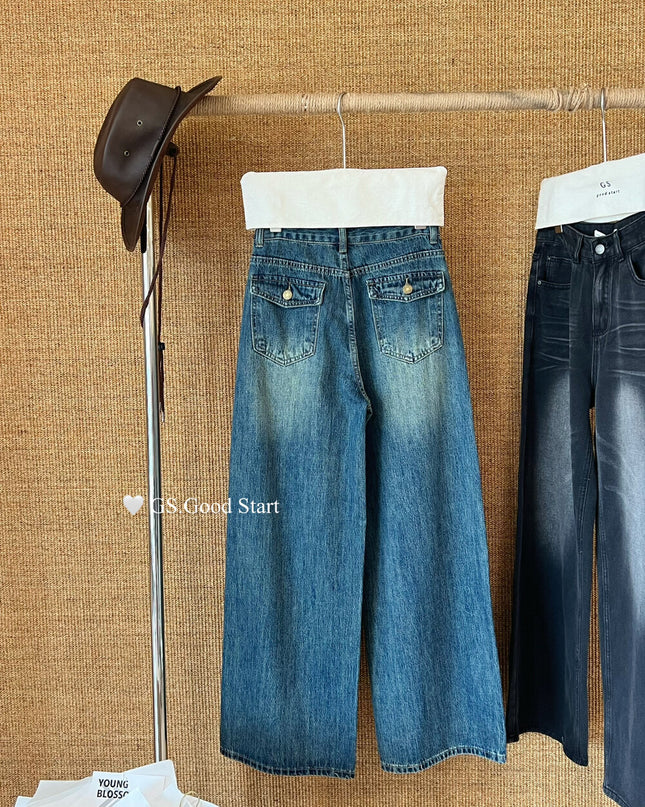 GS.GOOD START Retro Cat-Scratch Wash Straight-Leg Jeans