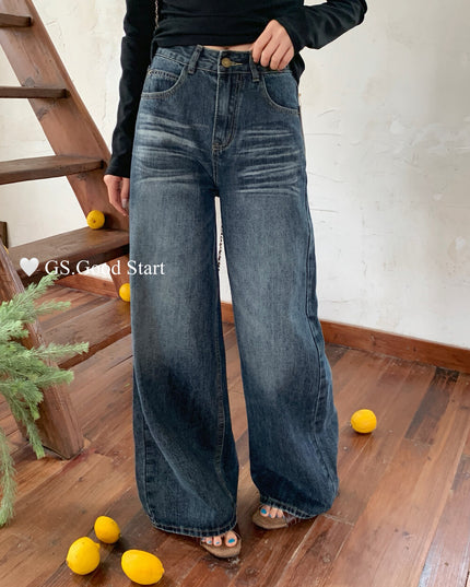GS.GOOD START Retro Cat-Scratch Wash Straight-Leg Jeans
