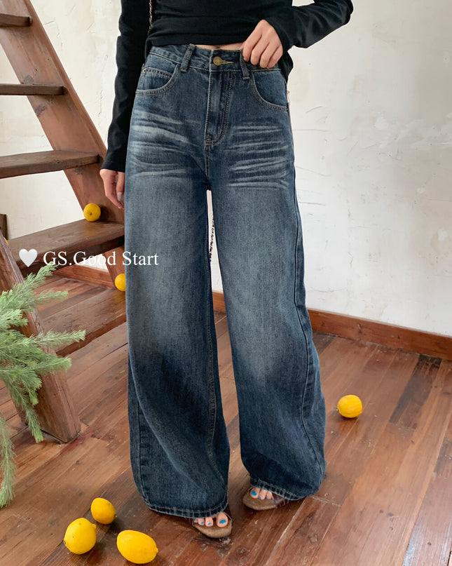 GS.GOOD START Retro Cat-Scratch Wash Straight-Leg Jeans