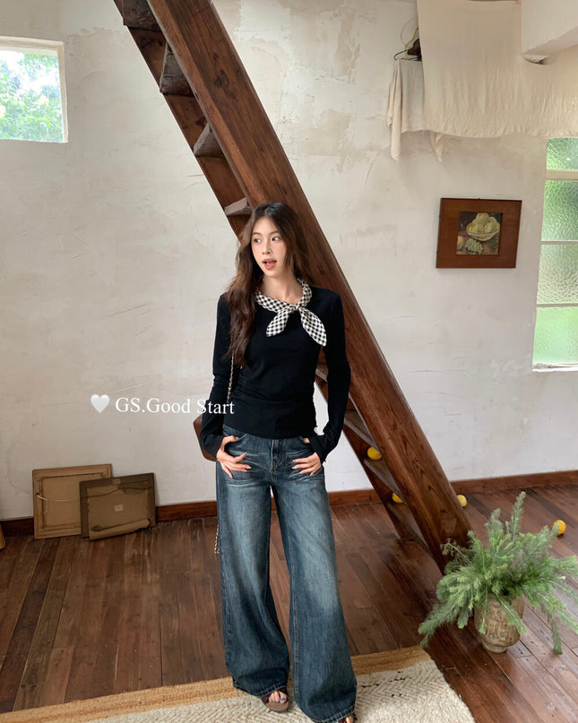 GS.GOOD START Retro Cat-Scratch Wash Straight-Leg Jeans