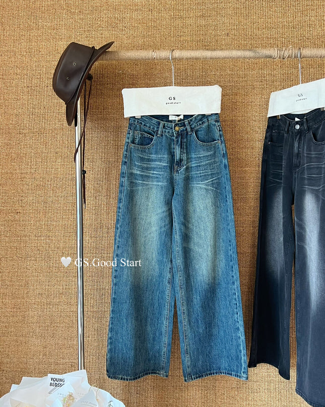 GS.GOOD START Retro Cat-Scratch Wash Straight-Leg Jeans