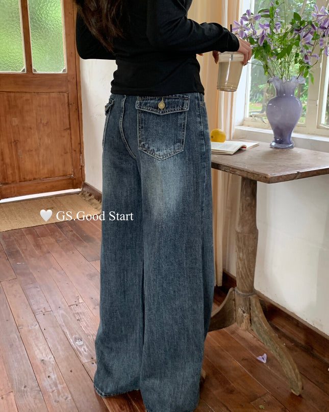 GS.GOOD START Retro Cat-Scratch Wash Straight-Leg Jeans