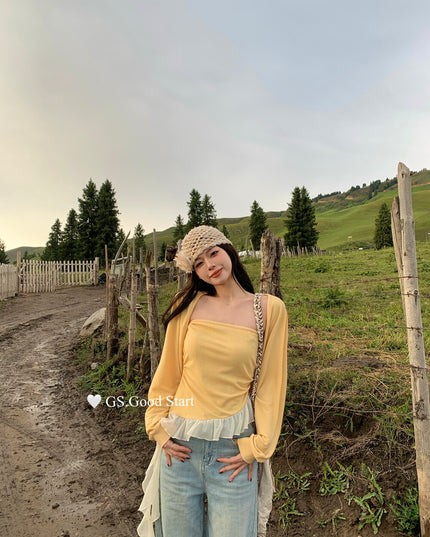 GS.GOOD START Mesh Panel Tube Top + Cardigan Set