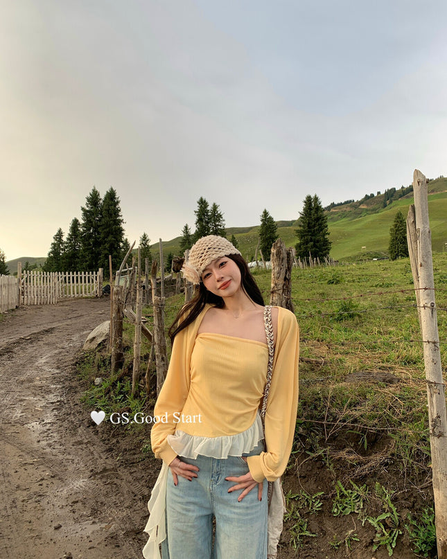 GS.GOOD START Mesh Panel Tube Top + Cardigan Set