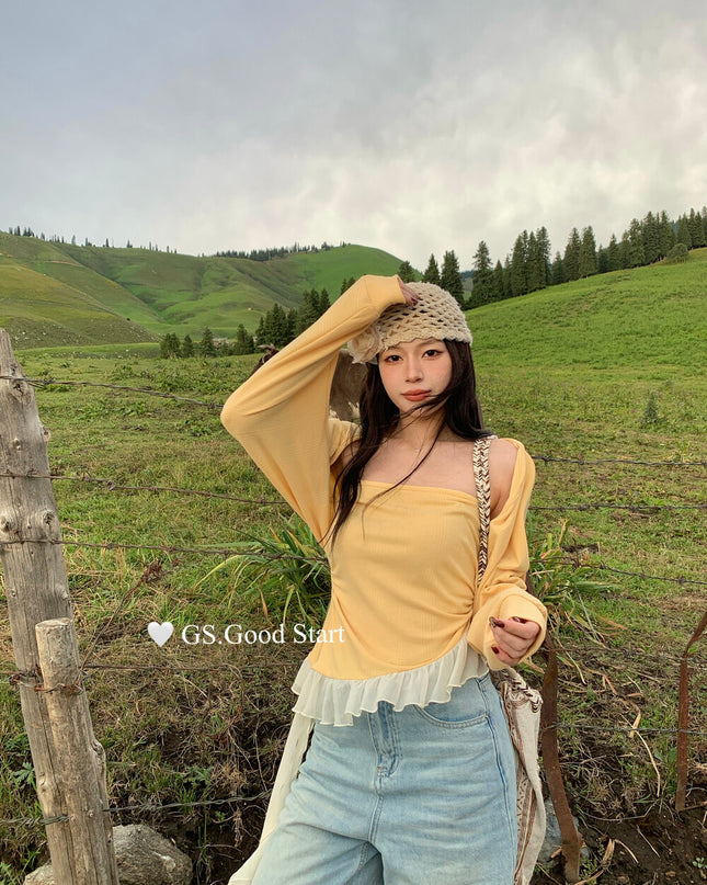 GS.GOOD START Mesh Panel Tube Top + Cardigan Set