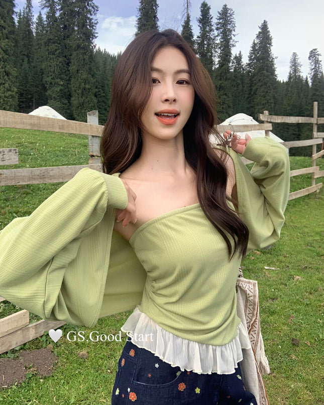 GS.GOOD START Mesh Panel Tube Top + Cardigan Set