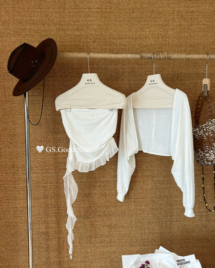 GS.GOOD START Mesh Panel Tube Top + Cardigan Set