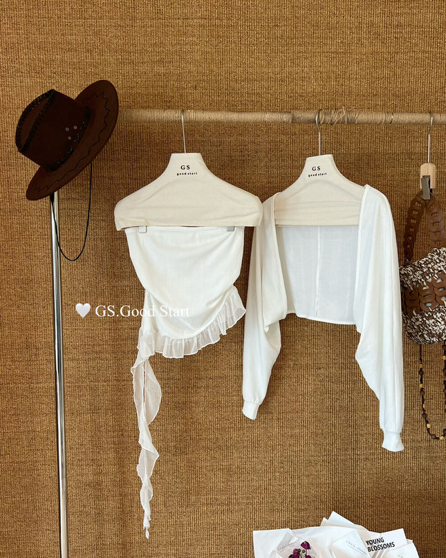 GS.GOOD START Mesh Panel Tube Top + Cardigan Set