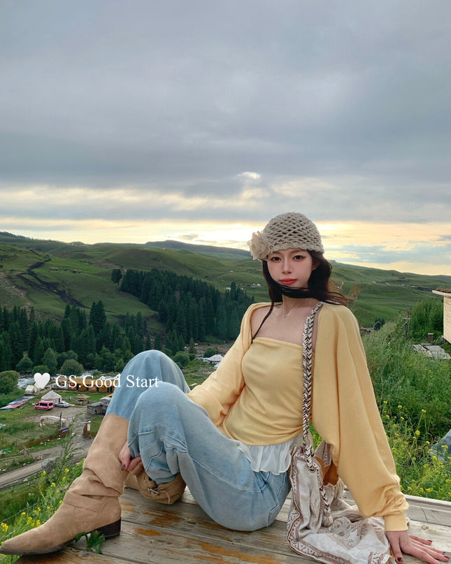 GS.GOOD START Mesh Panel Tube Top + Cardigan Set