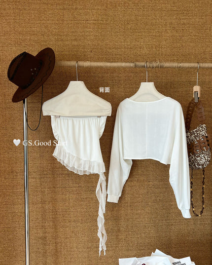 GS.GOOD START Mesh Panel Tube Top + Cardigan Set