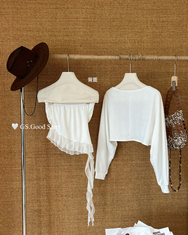 GS.GOOD START Mesh Panel Tube Top + Cardigan Set