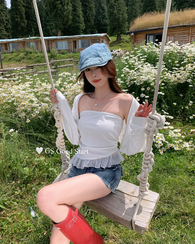 GS.GOOD START Mesh Panel Tube Top + Cardigan Set