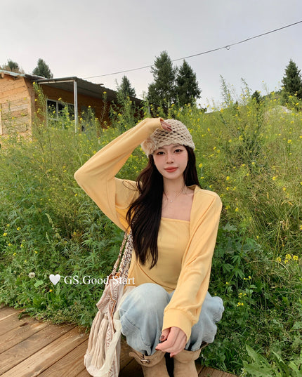 GS.GOOD START Mesh Panel Tube Top + Cardigan Set