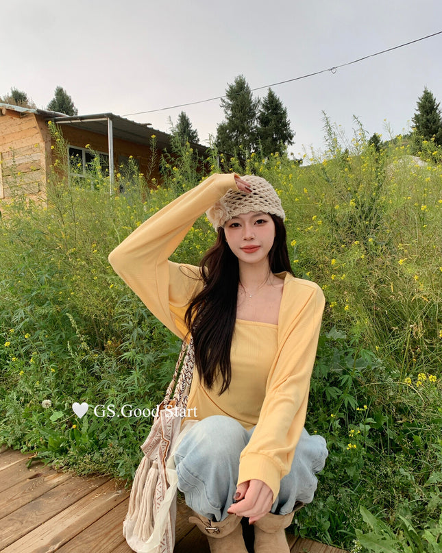 GS.GOOD START Mesh Panel Tube Top + Cardigan Set