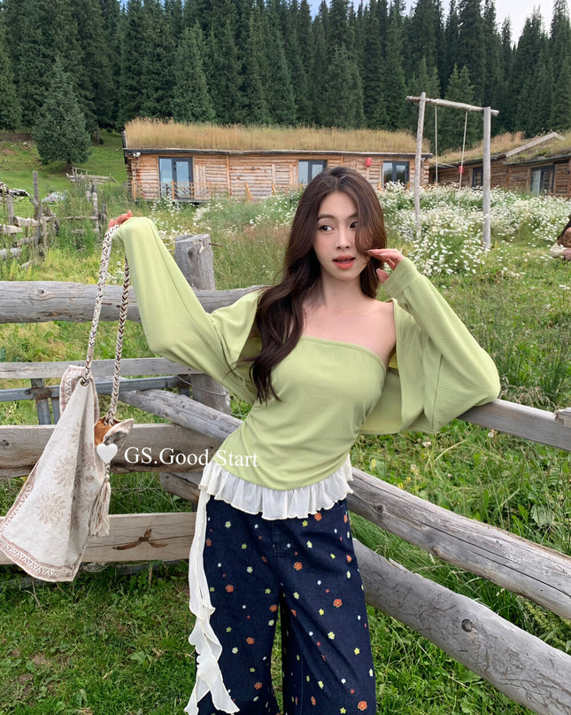 GS.GOOD START Mesh Panel Tube Top + Cardigan Set