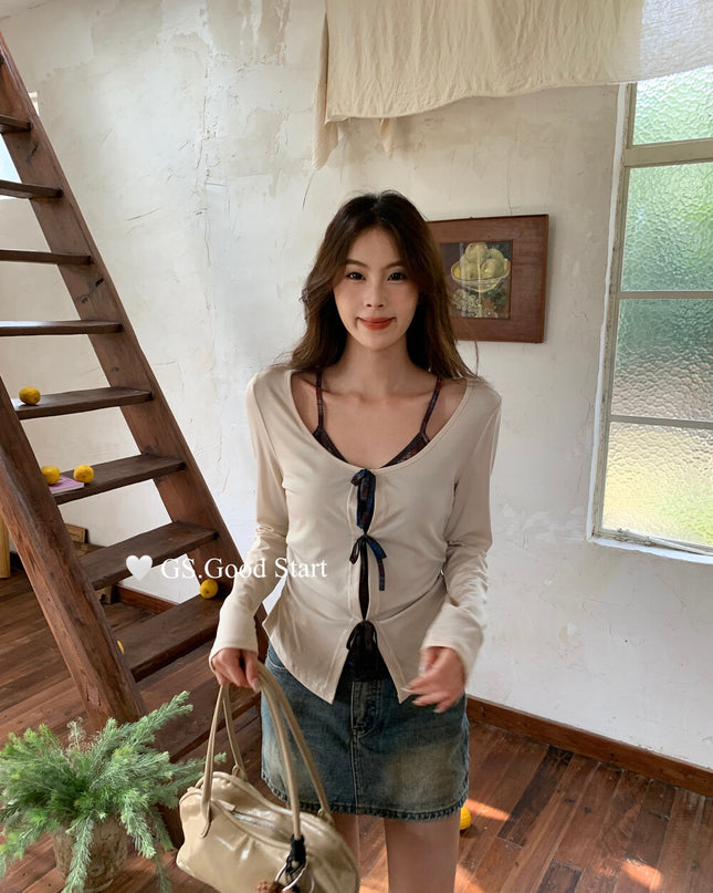 GS.GOOD START Contrast Bow Faux Two-Piece Top