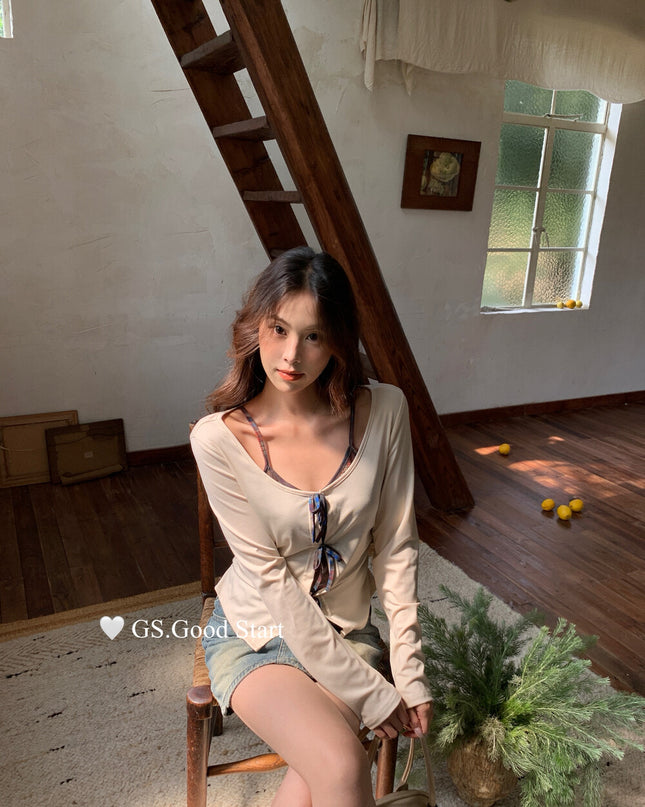 GS.GOOD START Contrast Bow Faux Two-Piece Top