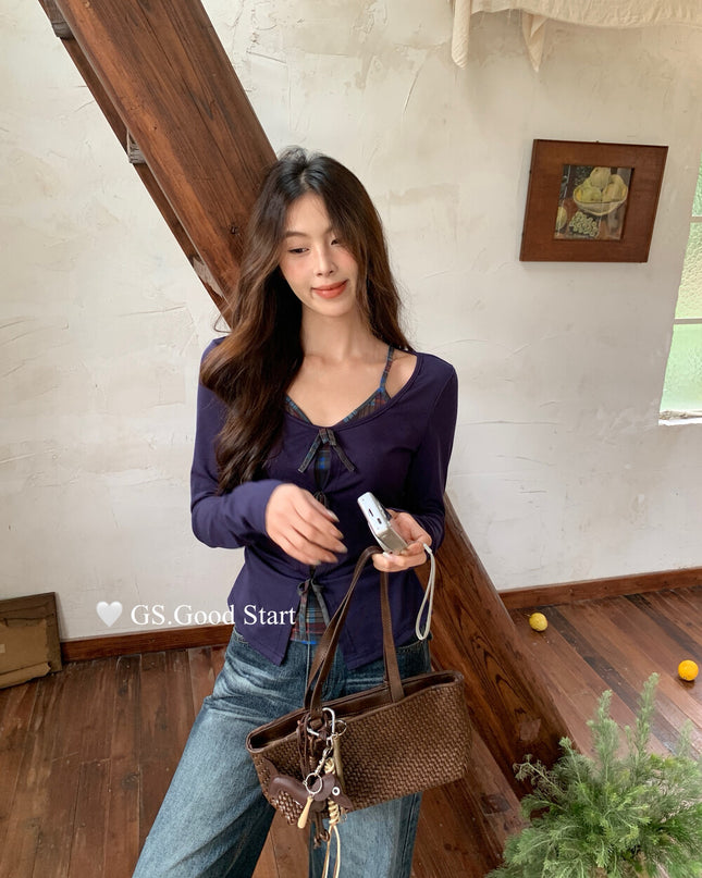 GS.GOOD START Contrast Bow Faux Two-Piece Top