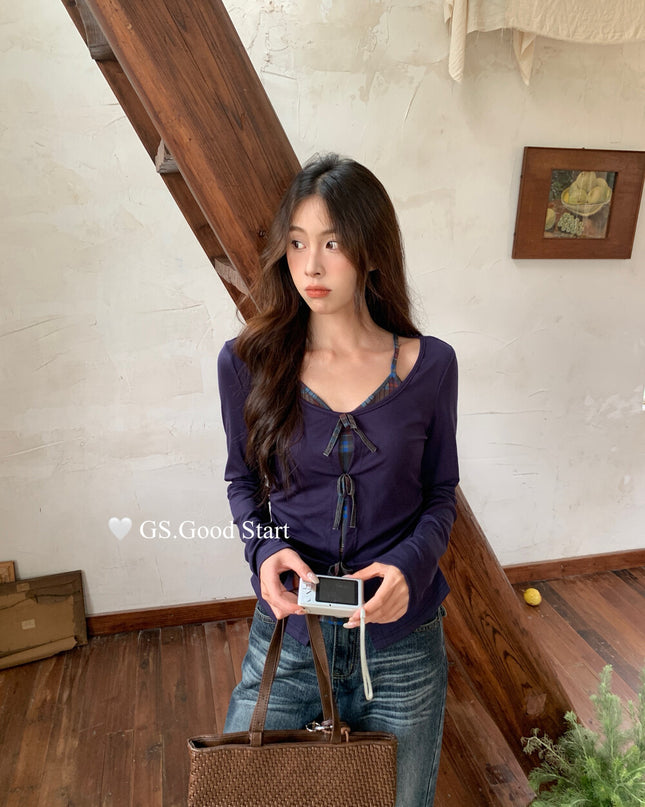 GS.GOOD START Contrast Bow Faux Two-Piece Top