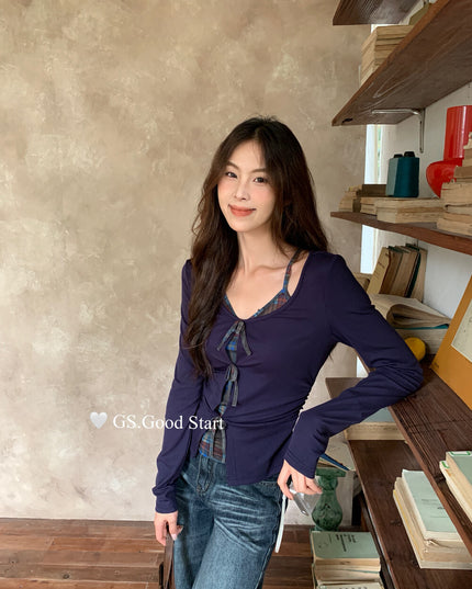 GS.GOOD START Contrast Bow Faux Two-Piece Top
