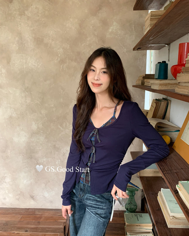 GS.GOOD START Contrast Bow Faux Two-Piece Top