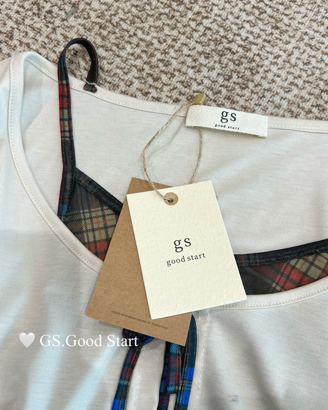 GS.GOOD START Contrast Bow Faux Two-Piece Top