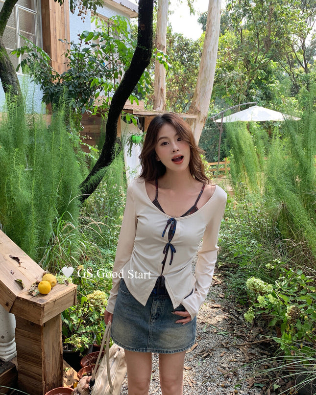 GS.GOOD START Contrast Bow Faux Two-Piece Top