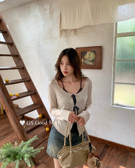GS.GOOD START Contrast Bow Faux Two-Piece Top