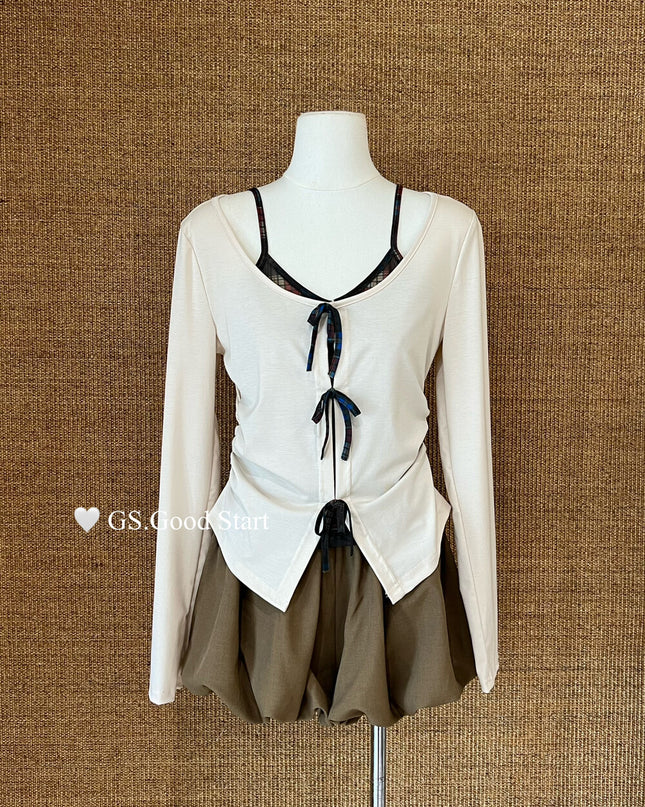 GS.GOOD START Contrast Bow Faux Two-Piece Top