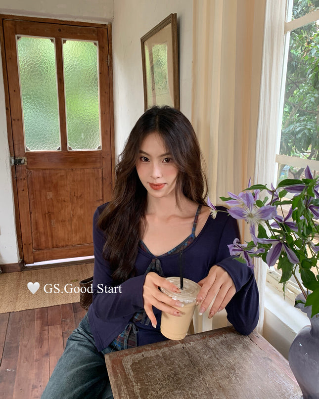 GS.GOOD START Contrast Bow Faux Two-Piece Top