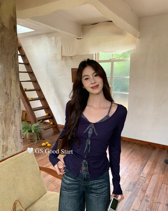 GS.GOOD START Contrast Bow Faux Two-Piece Top