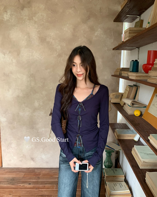 GS.GOOD START Contrast Bow Faux Two-Piece Top