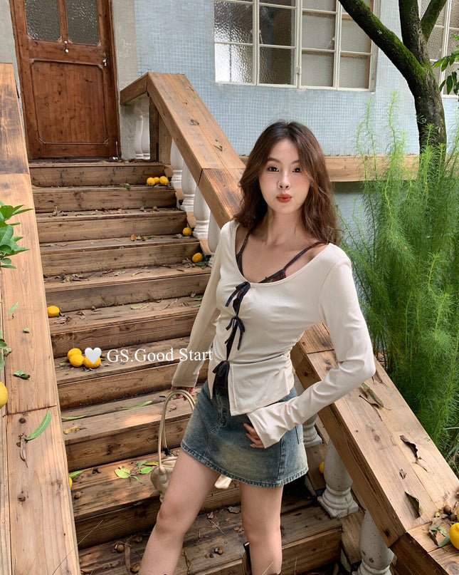 GS.GOOD START Contrast Bow Faux Two-Piece Top
