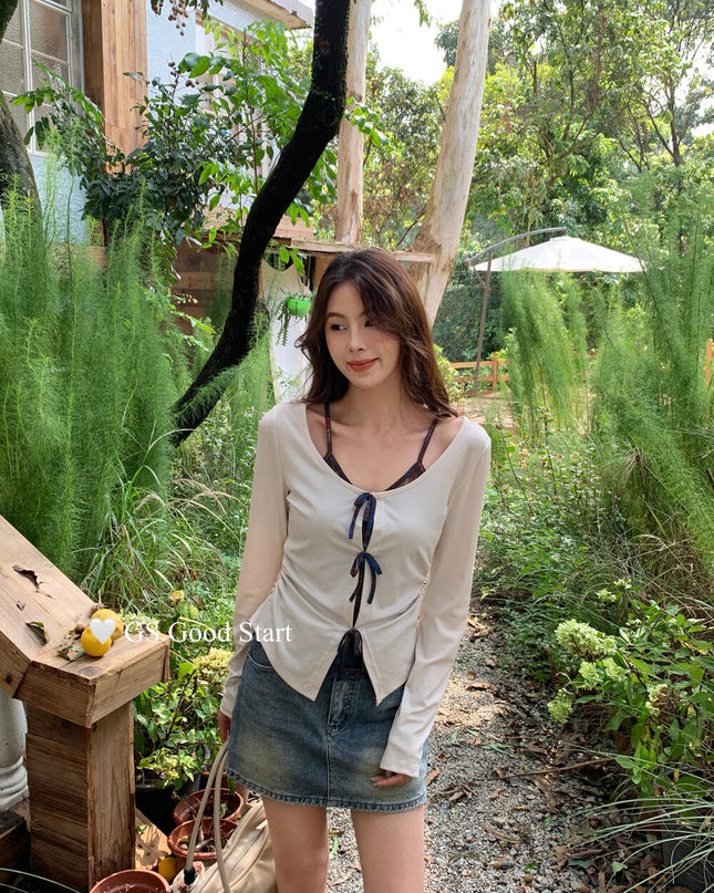 GS.GOOD START Contrast Bow Faux Two-Piece Top