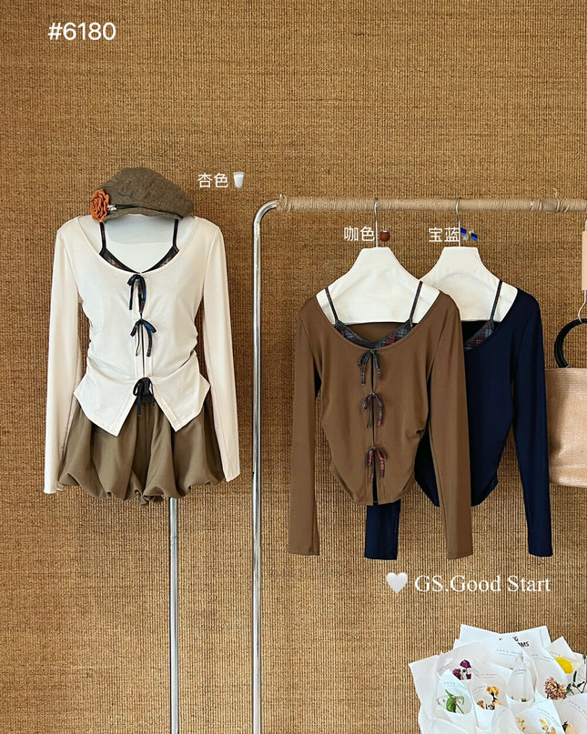 GS.GOOD START Contrast Bow Faux Two-Piece Top