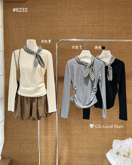 GS.GOOD START Sweet Plaid Bow Casual Top