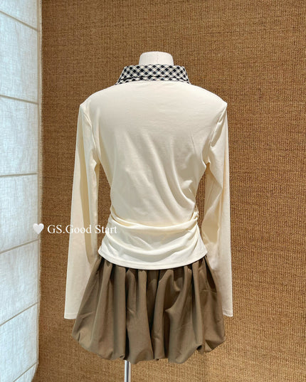 GS.GOOD START Sweet Plaid Bow Casual Top