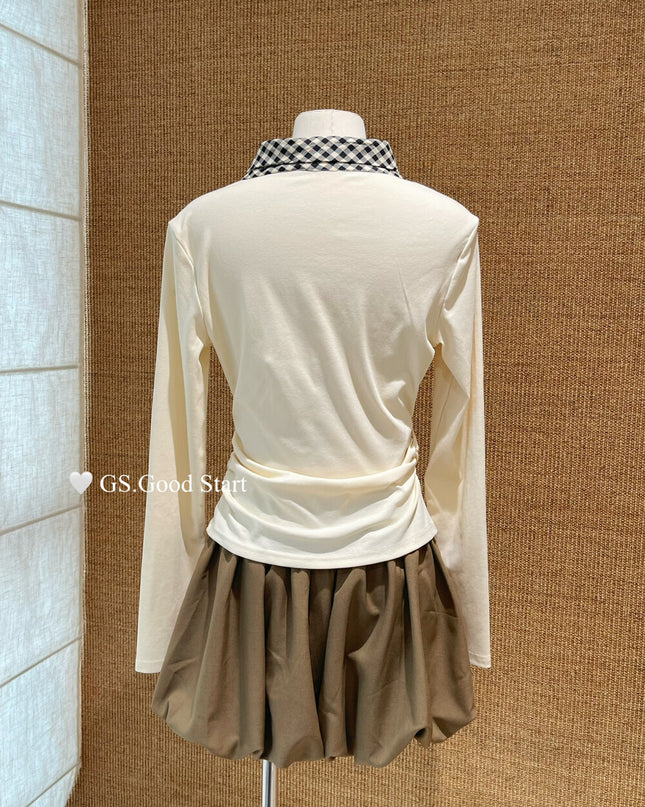 GS.GOOD START Sweet Plaid Bow Casual Top
