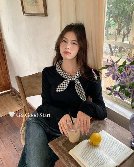GS.GOOD START Sweet Plaid Bow Casual Top