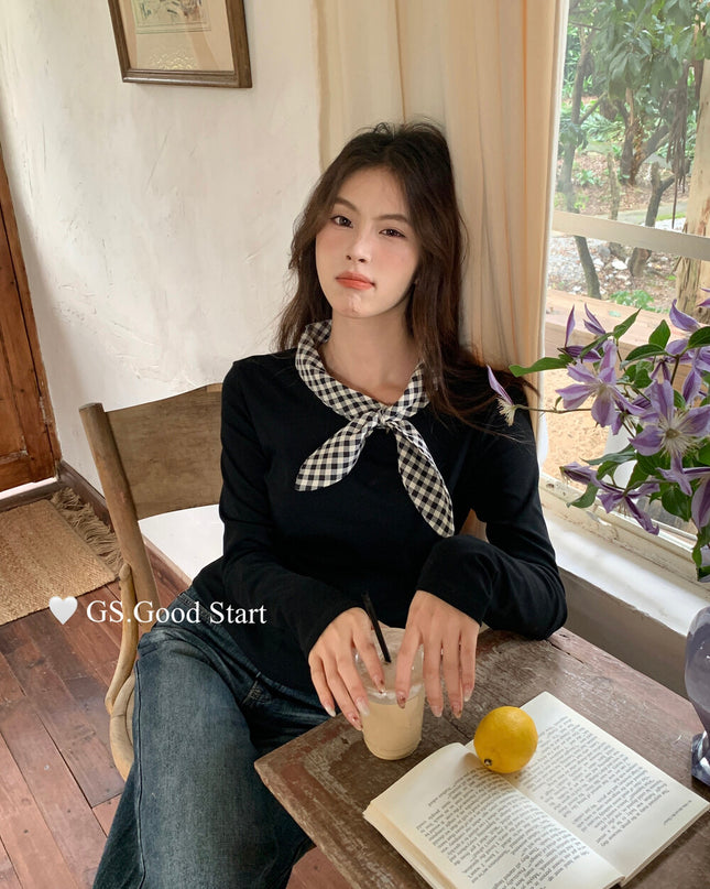 GS.GOOD START Sweet Plaid Bow Casual Top