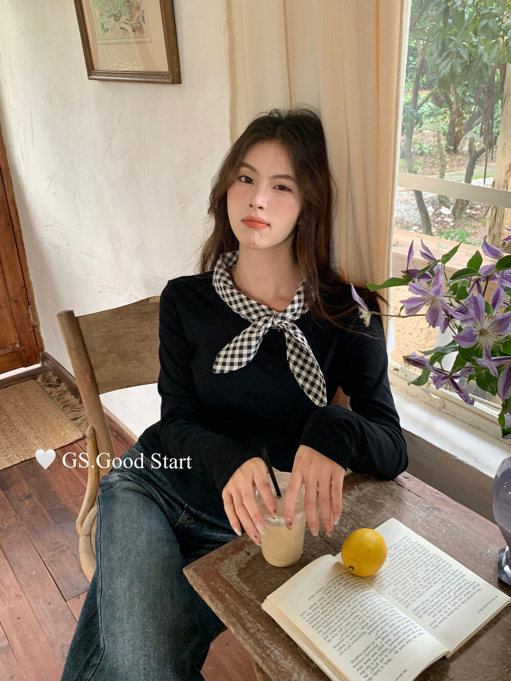 GS.GOOD START Sweet Plaid Bow Casual Top