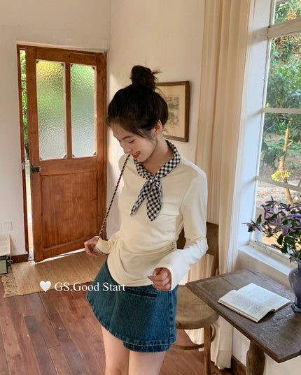 GS.GOOD START Sweet Plaid Bow Casual Top