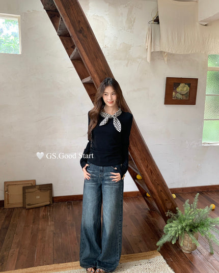 GS.GOOD START Sweet Plaid Bow Casual Top