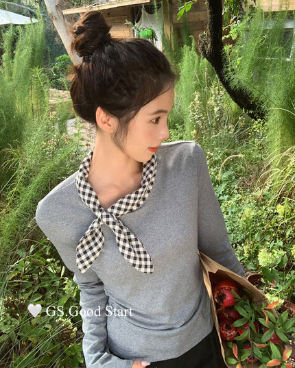 GS.GOOD START Sweet Plaid Bow Casual Top